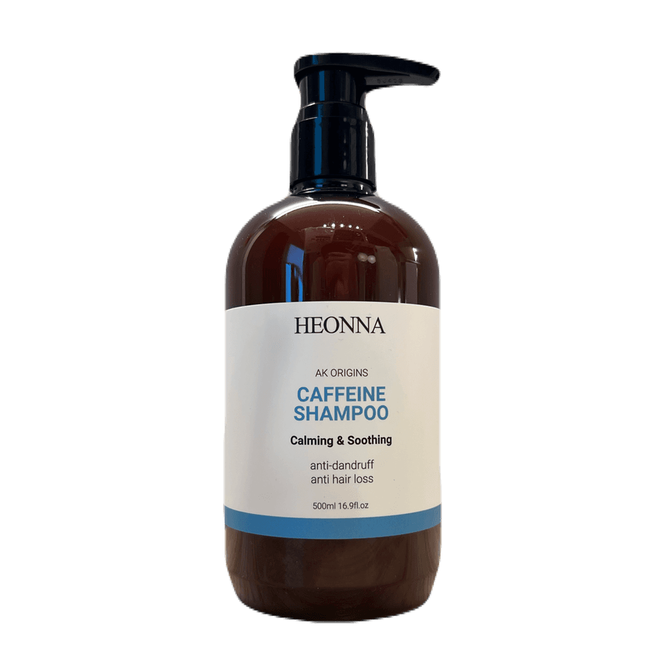 HEONNA AK Origins Caffeine Shampoo in a 500ml amber pump bottle with a blue-striped label
