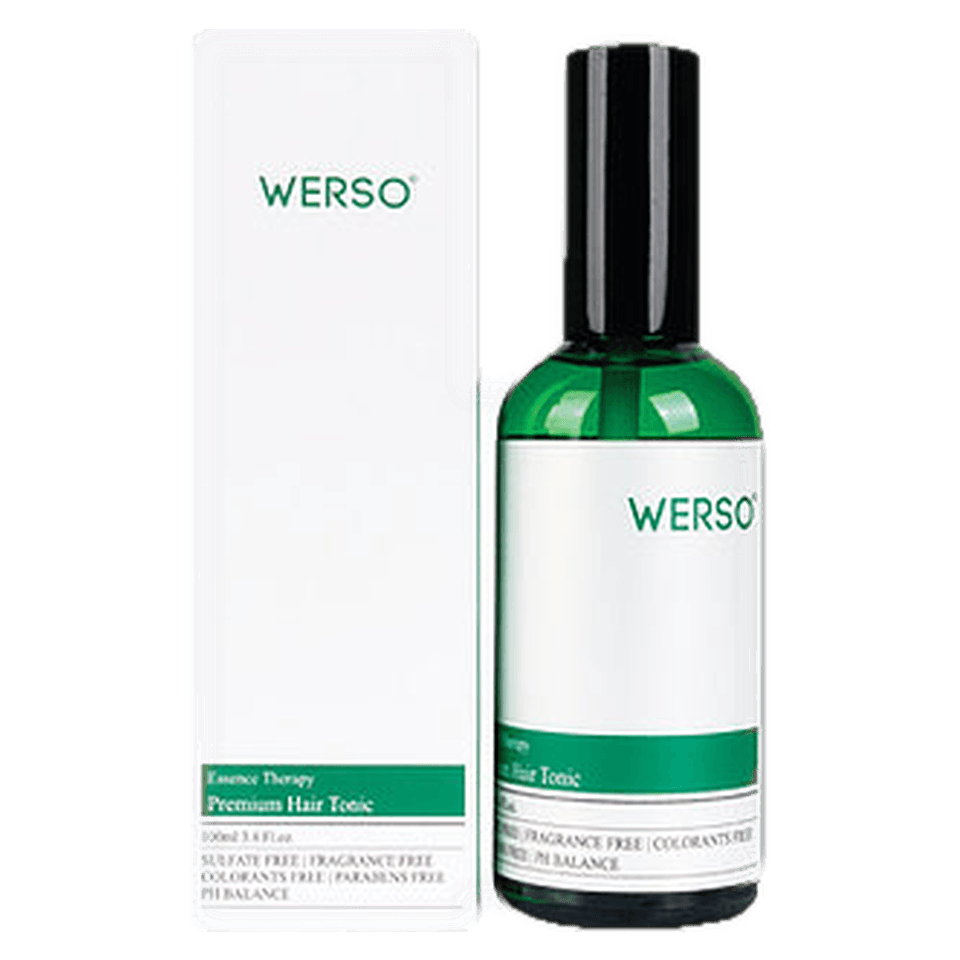 WERSO Essence Therapy Premium Hair Tonic, green spray bottle beside its white carton